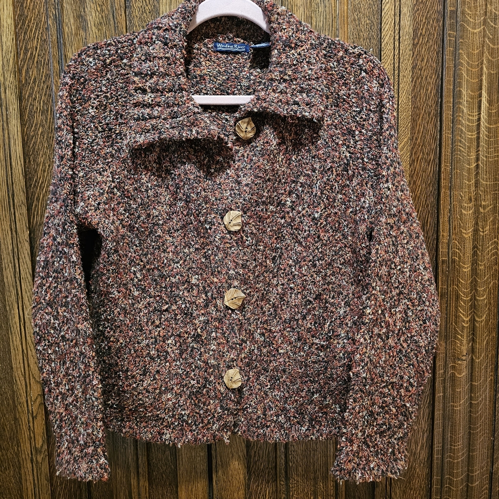 Winding Rivee Cozy Marled Button-Up Cardigan With Wooden Leaf Buttons